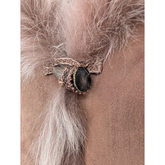 VTG Elie Tahari Shearling Suede Fur Trim Vest Toggle Closure Tan Boho Western MD - Picture 8 of 12